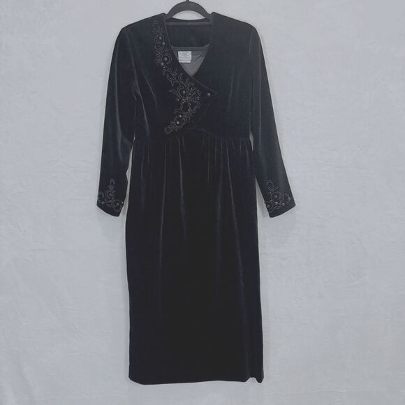 VTG Laura Ashley Dress 80s 90s Black Velvet Beaded Long Sleeve Midi 8 - Picture 1 of 13